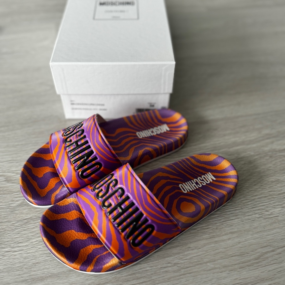Moschino Tiger Stripe Pool Slides Orange & Purple